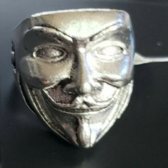 Guy Fawkes Ring Silver Black Anonymous Vendetta V Mens Stainless Steel S… - Picture 2 of 4
